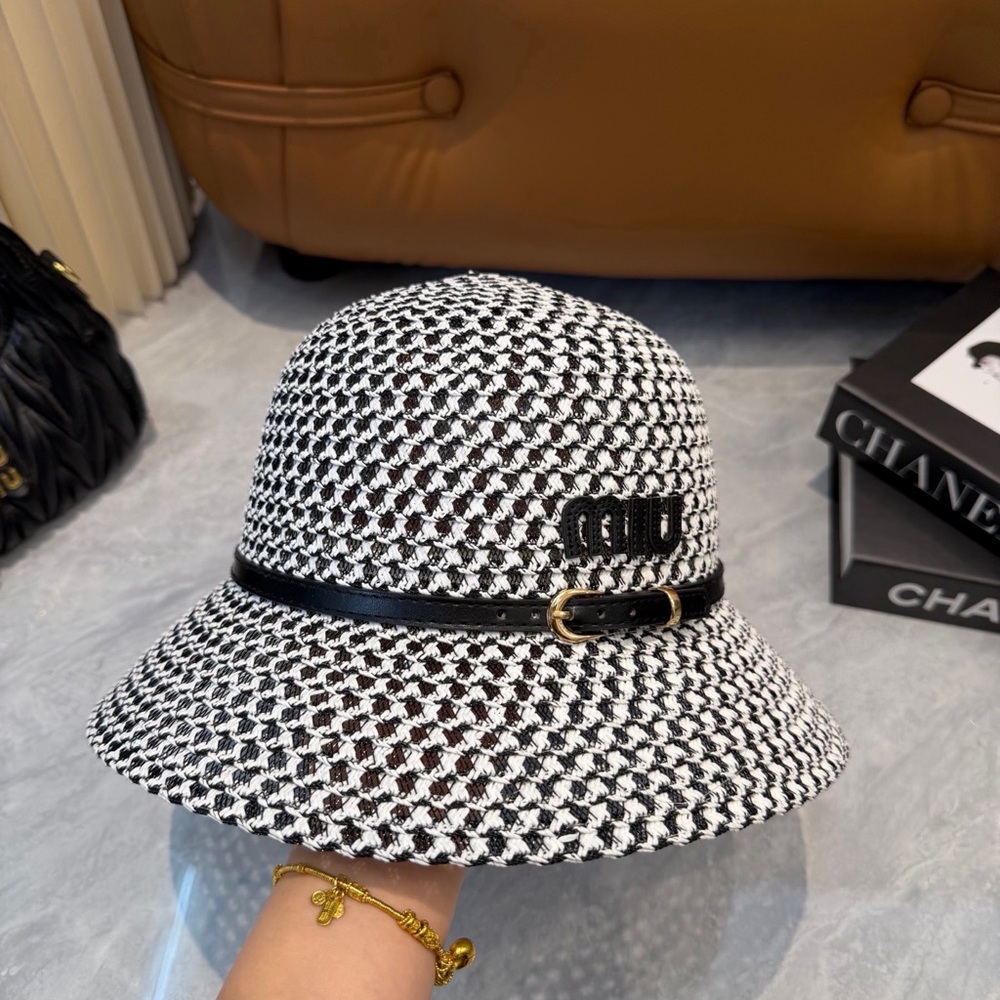 Miu Miu Black & White Woven Bucket Hat with Leather Trim